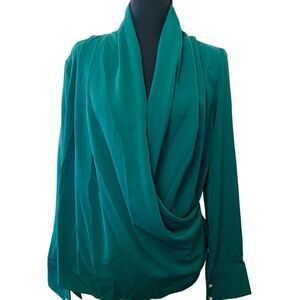 NWT Shein Pleated Draped Long Sleeve Faux Wrap Blouse Teal Medium